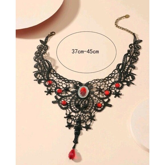 Faux Ruby Decor Statement Choker Elegant Jewelry Lace Jewelry Lace Necklace - Picture 4 of 4